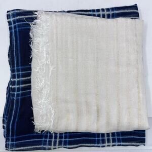Sheer Lightweight Scarves LOT of 2 Wrap Pashmina‎ Blue Plaid Ivory Gold Coastal